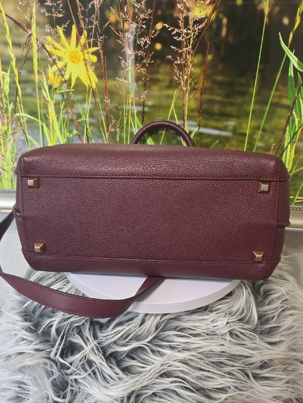 Authentic MCM Burgundy Leather Satchel Crossbody Top Handle Bag Gold Hardware